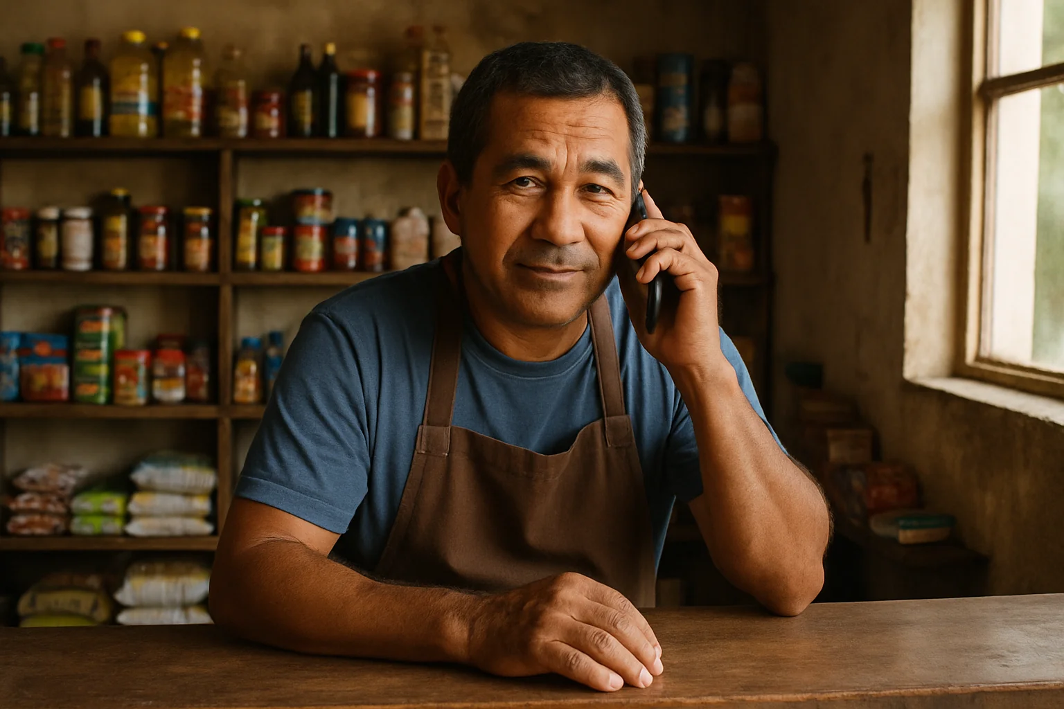 Comerciante atende um cliente pelo celular atrás do balcão de um pequeno mercado no interior