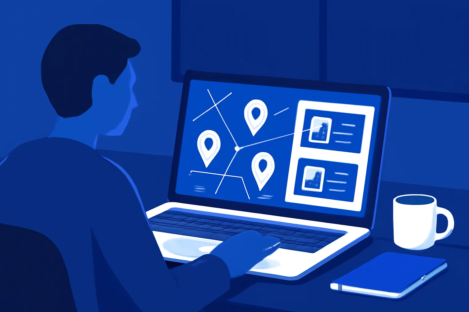 Empreendedor planejando a criação de um guia comercial local no computador
