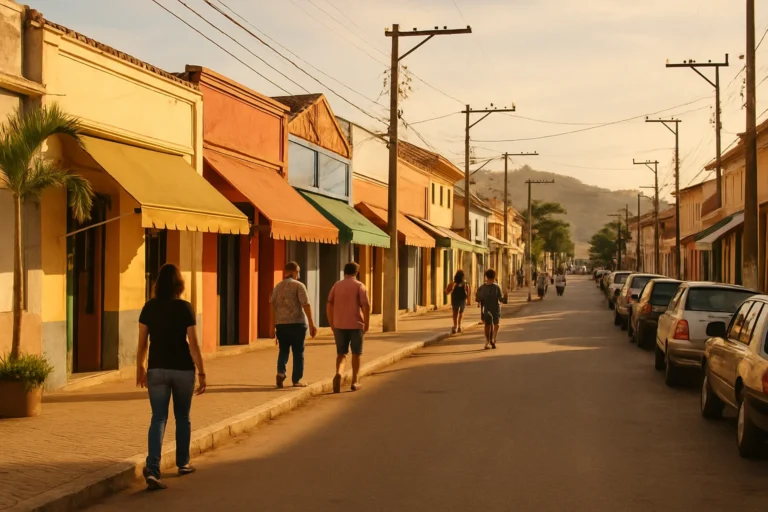 Rua principal de comércio de uma cidade pequena do interior do Brasil ao fim da tarde