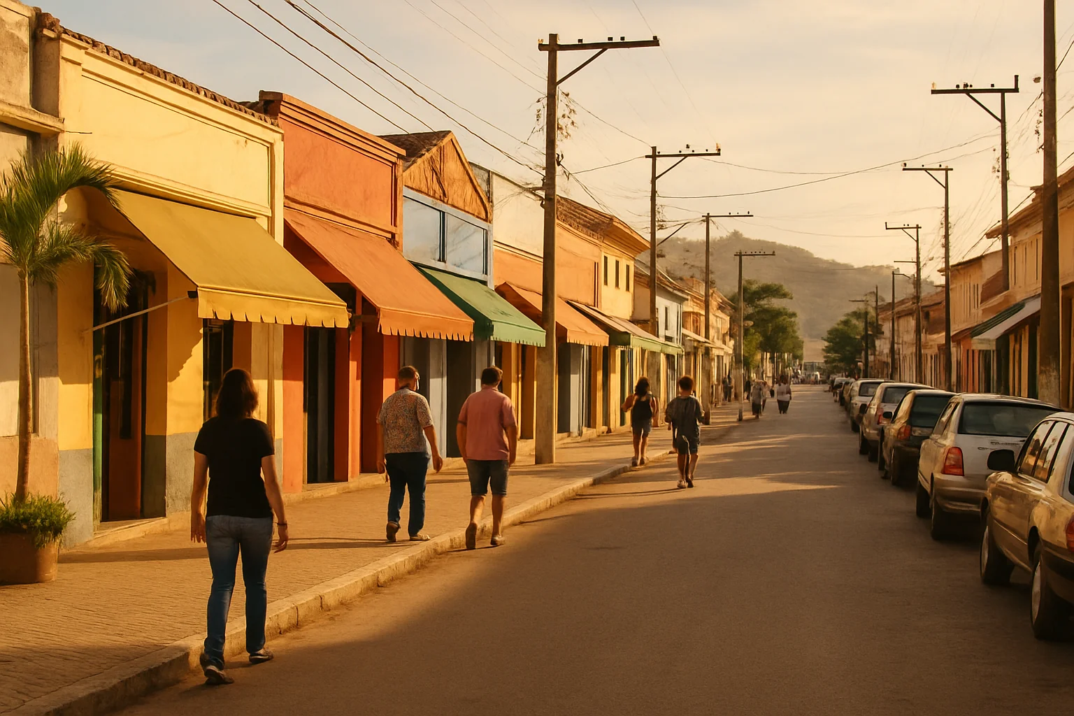 Rua principal de comércio de uma cidade pequena do interior do Brasil ao fim da tarde